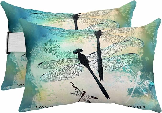 Pack of 2 Outdoor Lumbar Pillow Covers 11x16 Inch, Watercolor Dragonfly Waterproof Throw Pillow Covers Set, Turquoise Blue Ombre Animals Indoor&Outdoor Decorative Cushion Cases for Patio Porch Beach