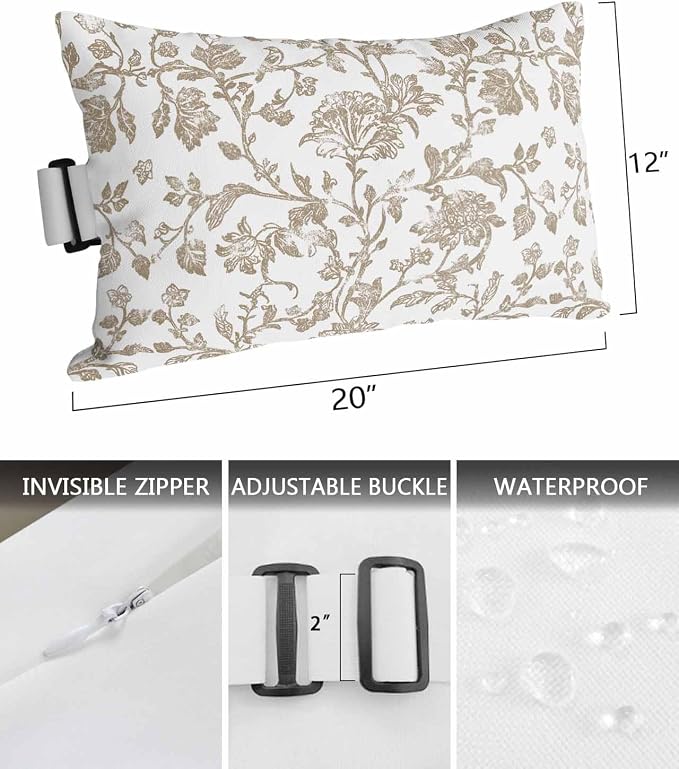 Pack of 4 Outdoor Lumbar Pillow Covers 12x20 Inch, Khaki Flower Waterproof Throw Pillow Covers Set, Vintage Farmhouse Boho Leaf Spring Plant Indoor&Outdoor Cushion Cases for Patio Porch Beach