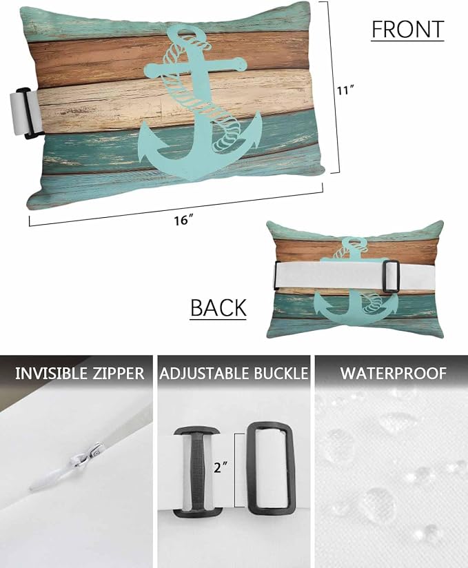 Pack of 2 Outdoor Lumbar Cushions with Inserts, Retro Gradient Anchor Farm Wood Grain Waterproof Fluffy Fade Body Pillows, Patio Furniture Pillow for Home Balcony Garden Decor 11x16IN