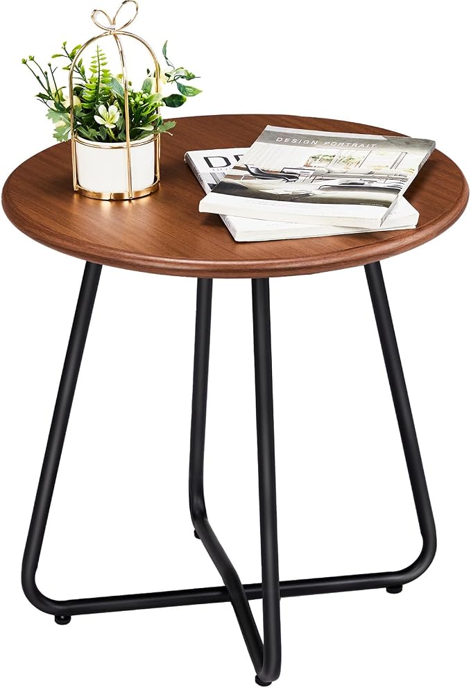 Outvita Indoor and Outdoor Side Table, Small Patio Side Table, Metal Round Portable Waterproof Weather Resistant End Table for Patio, Garden, Balcony, Yard, Wood Grain Color