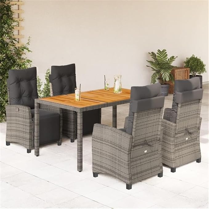 Afuera Living 5-Piece Poly Rattan Garden Dining Set, Gray, Powder-Coated Steel Frame, Acacia Wood Accents, UV-Resistant Material with Removable Cushion Covers, Modern Patio Furniture for Outdoor