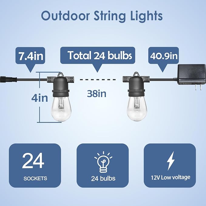 GANA 12V Low Voltage & Safe LED Outdoor String Lights,75FT 24 Shatterproof Bulbs, 2200K Warm White Pergola Lights for Your House's, Garden, Fence, Porch,Balcony,and Bistro（75FT）