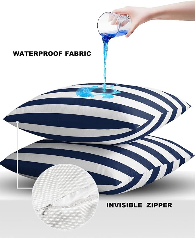 Simple Navy Blue White Stripes Outdoor Pillow Covers Set of 2,Decorative Waterproof Throw Pillow Case, Nautical Theme Stripe Cotton Linen Soft Cozy Cushion Pillowcases