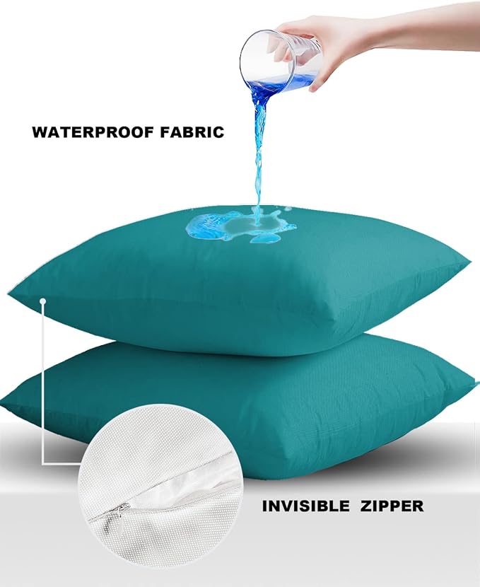 Outdoor Waterproof Pillow Covers for Patio Furniture Teal Blue Decorative Throw Pillow Cover Solid Color Pillowcases Set of 2 Cushion Case for Sofa Couch Chair Home Decor 16x16 inch x 2pcs
