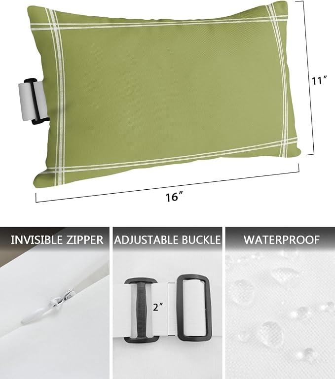 T&H XHome Outdoor Pillow for Chaise Lounge Chair, Solid Color Olive Waterproof Headrest Pillow Lumbar Pillows with Insert & Adjustable Elastic Strap for Beach, Poolside, Patio, Office (1 Pack)