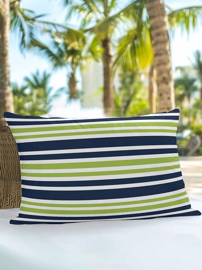 Outdoor Waterproof Throw Pillows Navy Blue Green Stripe Patio Pillows,Decorative Pillow Covers with Insert,Pillow Cushion Case for Garden Couch Sofa White Line