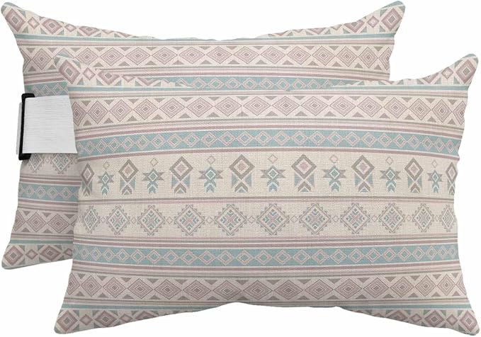 Outdoor Lumbar Pillow Set of 2, Blue Grey Boho Striped Waterproof Beach Headrest Pillow with Inserts, Southwestern Ethnic Tribe Vintage Recliner Throw Pillows for Patio Furniture, 12 x 20