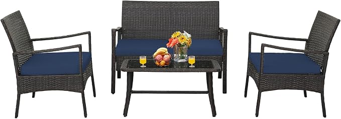 HAPPYGRILL 4-Piece Rattan Patio Conversation Set with Tempered Glass Coffee Table, Comfortable Wicker Loveseat & Chairs for Poolside, Courtyard, Balcony