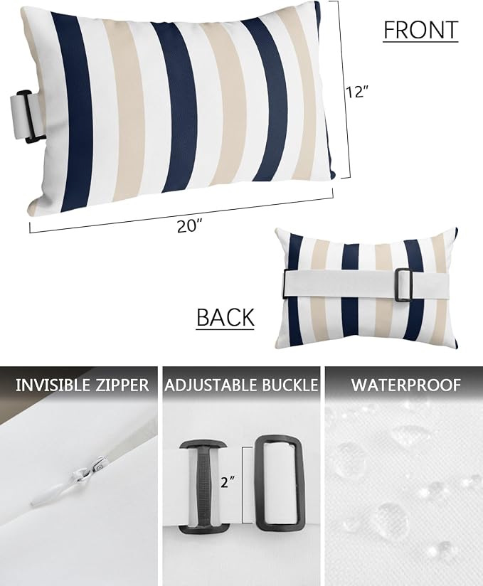 Outdoor Pillows Waterproof Covers Set of 2, Black Khaki Stripes Adjustable Elastic Chaise Lounge Headrest Pillow Covers, Contrast Striped Decorative Lumbar Pillow for Pool Patio Furniture 20x12 Inch