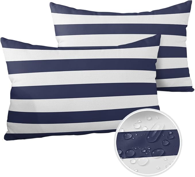 Lumbar Throw Pillow Covers 12x20 Outdoor Waterproof Pillow Covers for Patio Furniture Nautical Striped Throw Pillow Cover Navy Blue Pillowcases Set of 2 Cushion Case for Sofa Couch Chair Home Decor