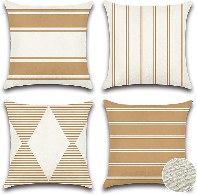 OTOSTAR Outdoor Waterproof Decorative Throw Pillow Covers 20x20 Inch Geometry Pillow Cases Square Cushion Case Garden Pillow Covers Pillows Shell for Patio Furniture Couch Tent Set of 4 (Light Coffee)