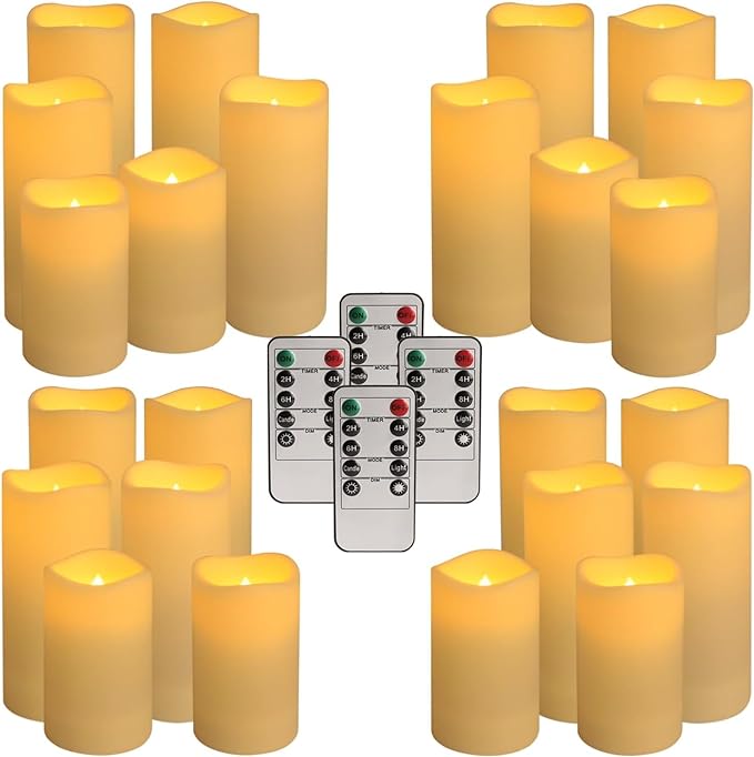 YOROXRG Set of 24 Waterproof Outdoor Flameless Candles, LED Candles with 4 Remote and Timer,(H 4" 5" 6" x D 2.2"),for Christmas,Halloween,Wedding,Festival