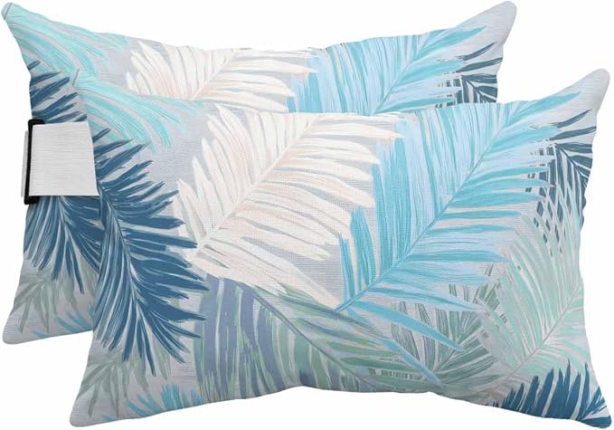 Outdoor Pillows Waterproof Covers Set of 2, Blue Palm Leaves Adjustable Elastic Chaise Lounge Head Resting Pillows, Tropical Leaf Plant Lumbar Pillow for Pool Beach Patio Furniture 11x16 Inch
