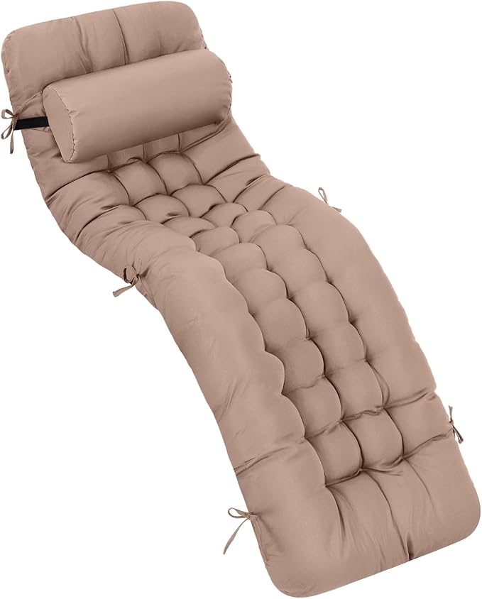 Tudomro Outdoor Chaise Lounge Cushion 66x21x4'' Waterproof & Fade-Resistant Patio Pool Chaise Lounge Cushion Headrest Pillow Tie Replacement Rocking High Back Chair(Taupe,1 Pcs)