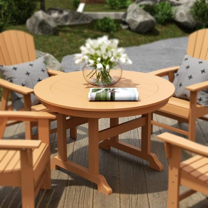 WestinTrends Malibu Patio Dining Table, All Weather Poly Lumber Adirondack 47" Trestle Round Outdoor Table with Umbrella Hole, Teak