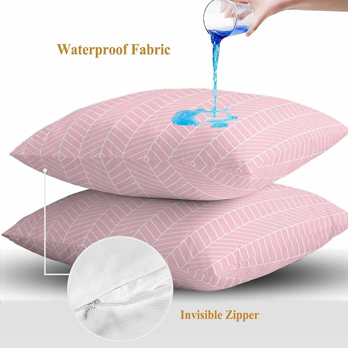 Outdoor Waterproof Throw Pillow Covers Set of 2 Pink Chevron Stripes Pillowcases 24x24 Inches Modern Geometric Texture Decorative Pillows Cushion Case Patio Pillows for Couch Bed Chair Garden