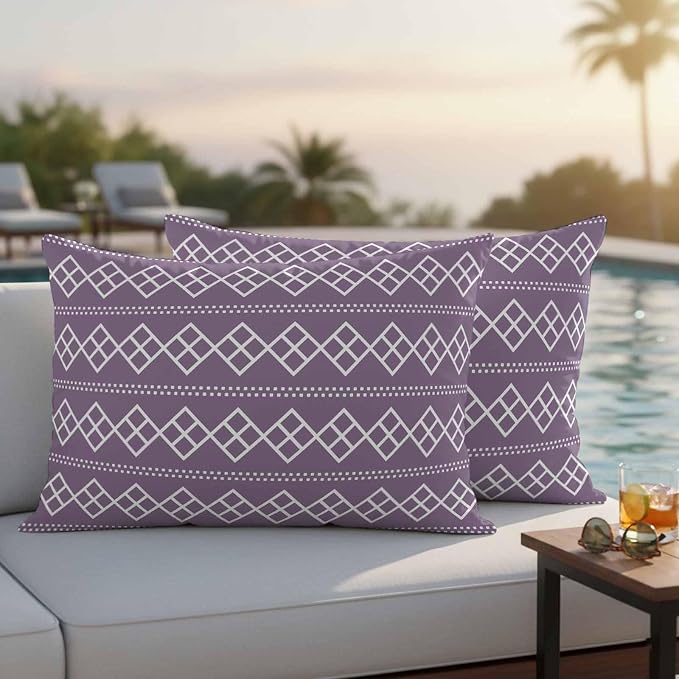 Purple Boho Outdoor Pillow Covers 20x12 Inch Lumbar Pillow Covers Set of 2 Waterproof Decorative Throw Pillow Cases Vintage Ethnic Tribe Abstract Art Cushion Covers for Patio Furniture Garden Couch