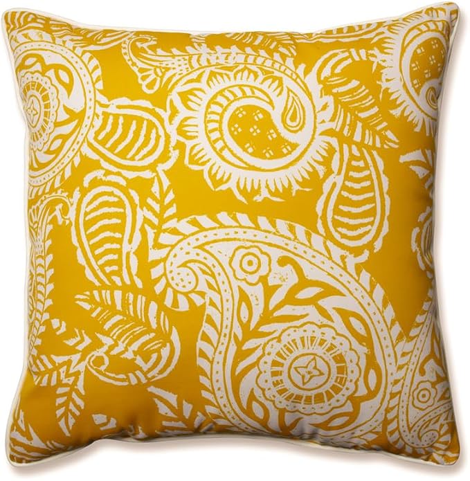 Pillow Perfect Paisley Indoor/Outdoor Accent Throw Pillow, Plush Fill, Weather, and Fade Resistant, Floor - 25" x 25", Yellow/Ivory Addie,