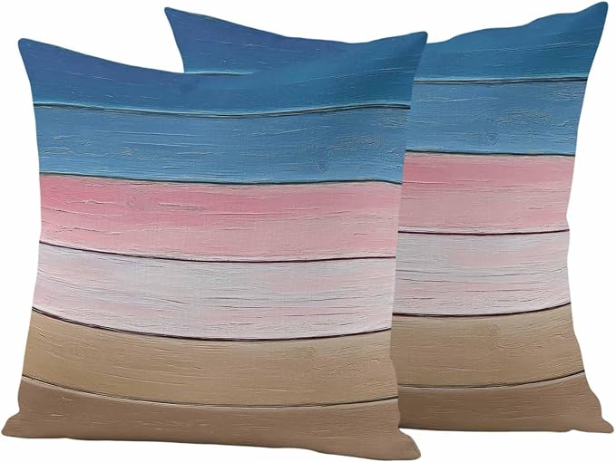Outdoor Waterproof Pillow Covers for Patio Blue Pink Wood Grain Decorative Throw Pillow Cover Brown Ombre Wooden Pillowcases Set of 2 Cushion Case for Sofa Couch Chair 16x16 Inch