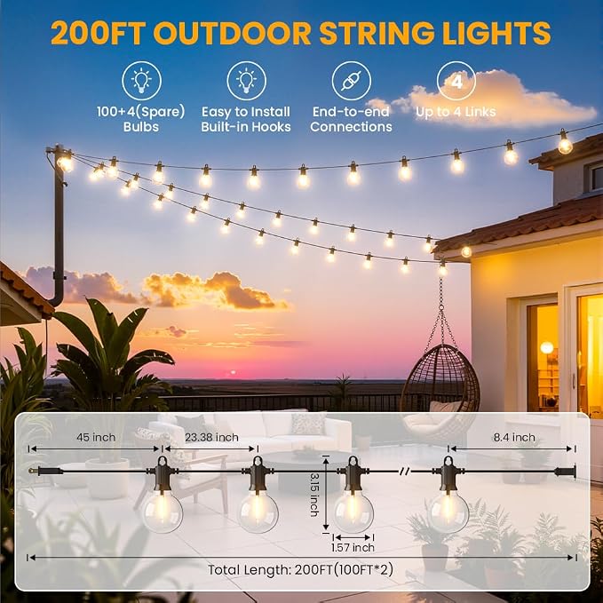 LED Outdoor String Lights, 200FT Patio Lights Outdoor Waterproof with 100+4 Shatterproof G40 Edison Globe Bulbs, 2700K Warm White Hanging Light, Dimmable Light for Outside Backyard Garden Bistro Porch