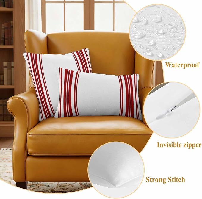 Outdoor Waterproof Throw Pillow Covers Set of 2 Red Stripes Pillowcases 24x24 Inches White Vertical Striped Decorative Pillows Cushion Case Patio Pillows for Couch Bed Chair Garden