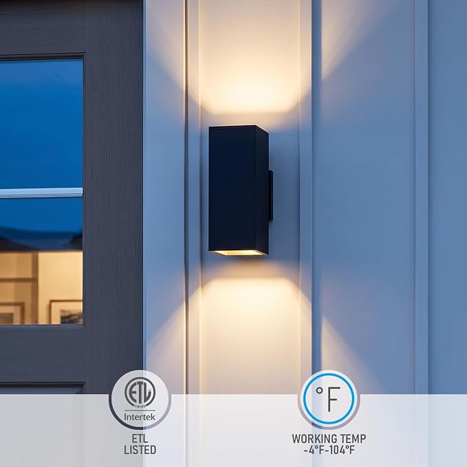 LEONLITE 2-Pack 12" Outdoor Rectangular Wall Light, Up and Down, E26 Base | Modern Porch Patio Lights, Waterproof Wall Sconce, Exterior Light Fixture Wall Mount, Aluminum, Matte Black, ETL Listed