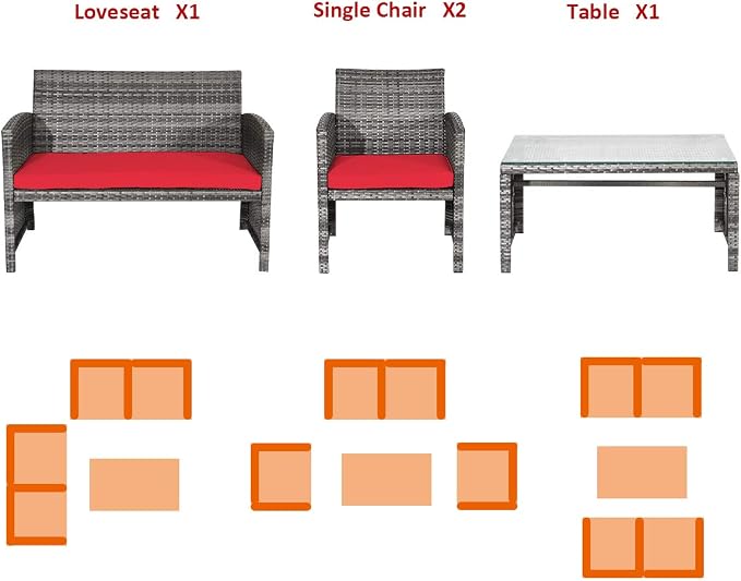 HAPPYGRILL 4pcs Patio Converstation Set with Soft Cushions Rattan Furniture Set with PE Wicker Coffee Table & Sofa Chairs for Garden Poolside Porch Backyard