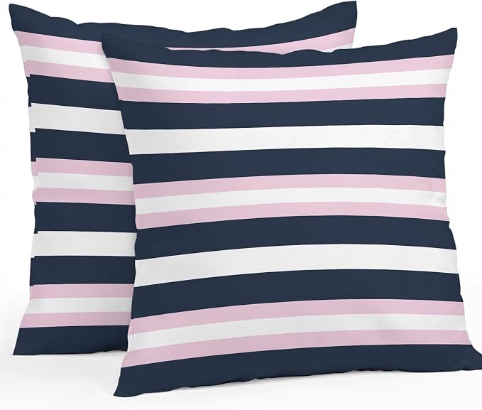 Pink Navy Blue Striped Outdoor Pillow Covers Waterproof, All Weather Cushion Case Set of 2, Minimalist Abstract Lines Artwork Decorative Pillowcases for Sofa Couch Bed Decor Patio Furniture 16"x16"