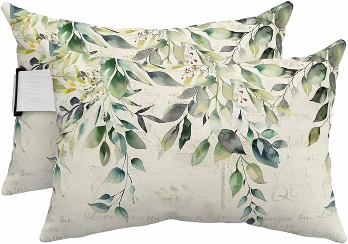 Lumbar Pillow Covers Set of 2, Eucalyptus Leaves Waterproof Outdoor Chaise Lounge Pillow Covers with Elastic Strap, Watercolor Weeping Teal Botanical Vintage Headrest Pillowcase for Patio, 11 x 16