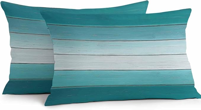 Teal Turquoise Outdoor Pillow Covers 20x12 Inch Lumbar Pillow Covers Set of 2 Waterproof Decorative Throw Pillow Cases Farmhouse Abstract Gradient Wooden Plank Cushion Covers for Patio Furniture