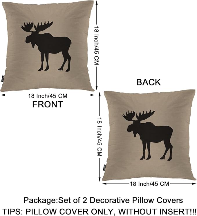 Swono Moose Decorative Throw Pillows Covers, Wild Animal Moose Elk Burlap Cabin Square Pillow Cushion Covers for Man Woman, Pillowcases Decor for Home Sofa Bed Garden, 2 Packs, 18x18 Inch, Brown