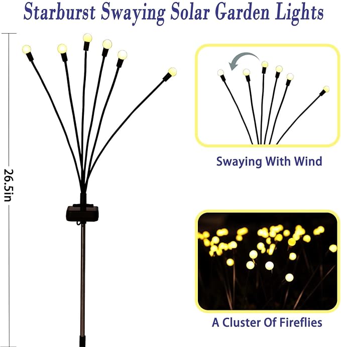 Solar Garden Lights Outdoor Waterproof, Swaying Firefly Light, Garden Decor | 4 Pack Solar Firefly Lights, Auto On/Off Decor for Yard, Patio, Pathway and Lawn, Gifts for Women, Christmas Decor