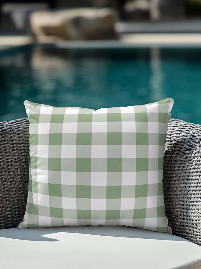 Waterproof Outdoor Pillow 1 Pack Green Buffalo Plaid Decorative Throw Pillows Cover & Insert 18x18 Inch Pillowcase Check Lines Square Pillows for Couch Sofa Bed Patio Furniture Indoor Outdoor