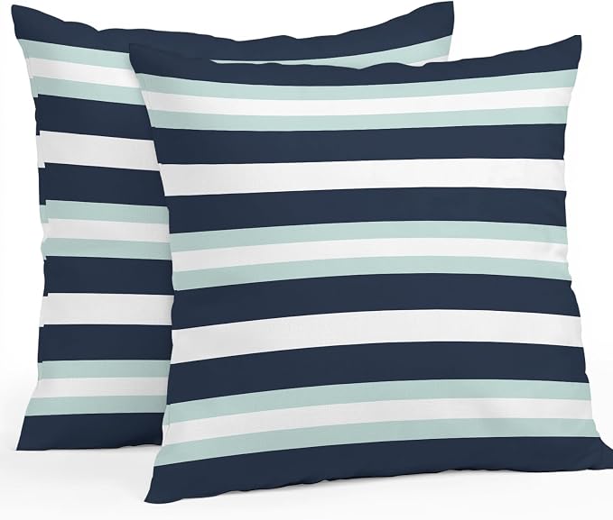 Aqua Navy Blue Striped Outdoor Pillow Covers Waterproof, All Weather Cushion Case Set of 2, Modern Abstract Lines Geometric Decorative Pillowcases for Sofa Couch Bed Decor Patio Furniture 16"x16"