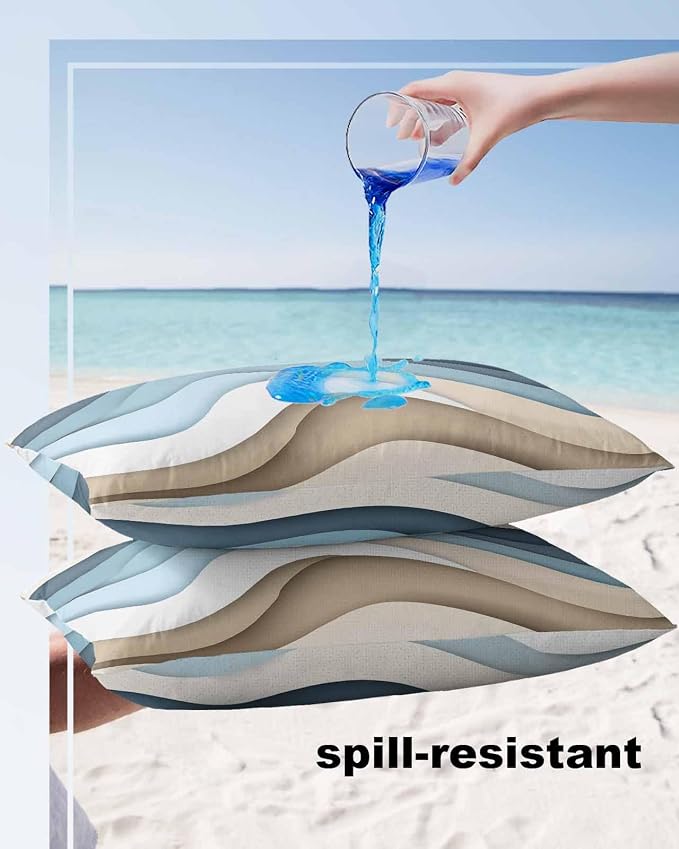 Pack of 2 Blue Brown Abstract Outdoor Pillow Waterproof Covers 20x12 inch, Gradient Water Ripple Polyester Throw Pillow Covers Garden Cushion Decorative Case for Patio Couch Decoration