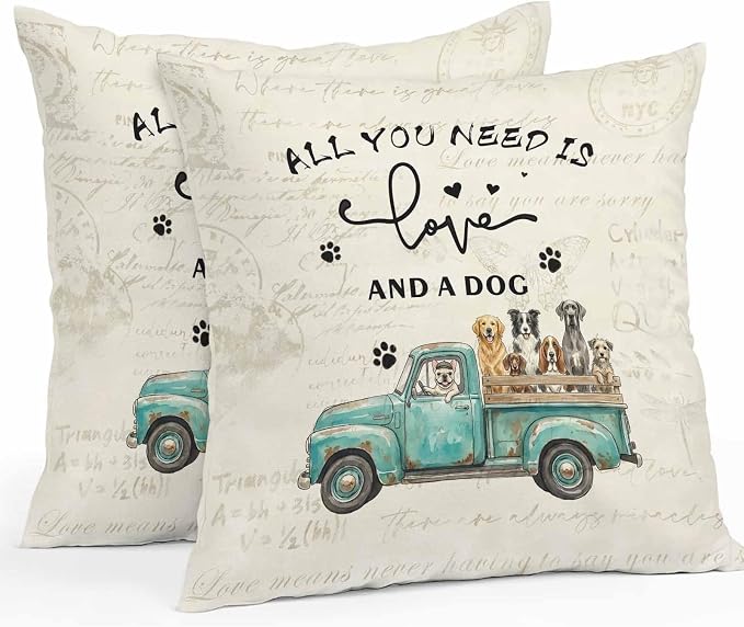 Cartoon Animal Outdoor Throw Pillow Cover Vintage Teal Truck with Pet Dog Puppy Waterproof Cushion Covers 2 Pack Retro Beige Pillow Cases Home Decoration for Patio Garden Couch Sofa 18x18In