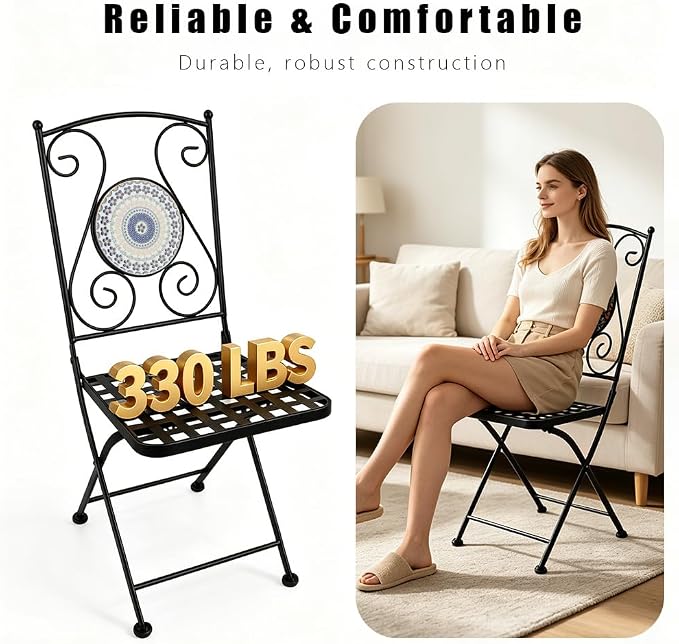 Folding Patio Chairs Set of 2 Mosaic Bistro Chair Outdoor Seating | Garden Patio Furniture Seating Heavy Duty Metal Frame Dining Chairs for Lawn Yard Balcony Porch Backyard Poolside