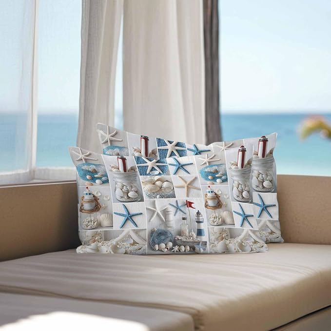 Summer Coastal Grid Outdoor Throw Pillow Cover Ocean Starfish Lighthouse Pearl Waterproof Cushion Covers 2 Pack Nautical Pillow Cases Home Decoration for Patio Garden Couch Sofa 20x12In