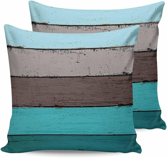 Outdoor Throw Pillow Covers 26X26 Set of 2 Waterproof Ombre Peacock Blue Gray Decorative Zippered Cushion Covers for Patio Furniture, Farmhouse Retro Rustic Barn Wood Texture Lumbar Pillowcases