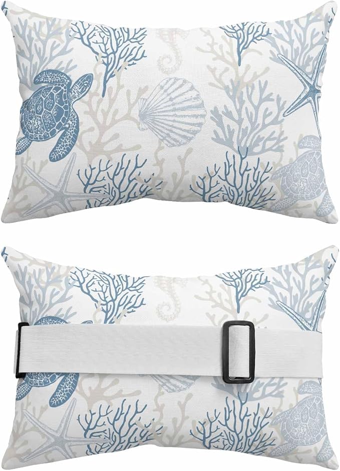 Lumbar Pillow Covers Set of 2, Blue Grey Coastal Waterproof Outdoor Chaise Lounge Pillow Covers with Elastic Strap, Sea Turtle Nautical Coral Summer Beach Headrest Pillowcase for Patio, 11 x 16