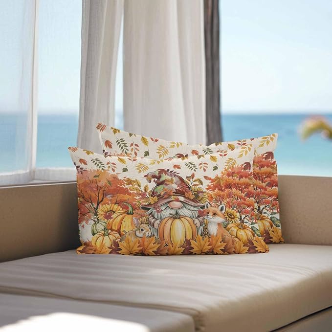 Fall Gnomes Pumpkin Outdoor Waterproof Pillow Covers, Maple Leaves Animal Country Vintage Decorative Rectangle Throw Pillowcase Sofa Cushion Sham for Patio/Couch/Chair, 20"x12" 2 Pack