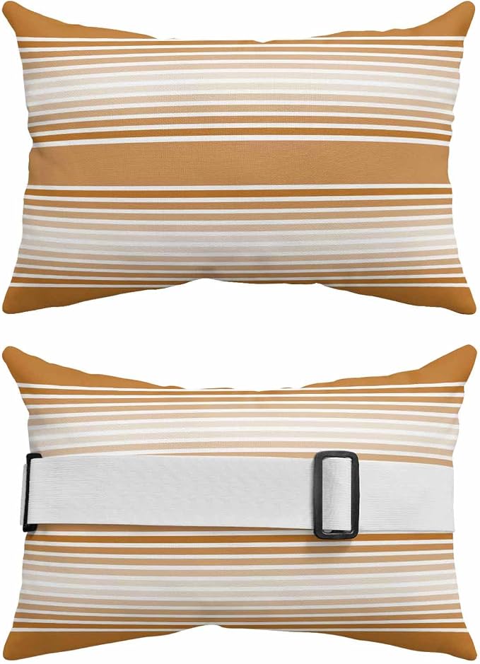 Pack of 2 Outdoor Lumbar Pillow Covers 11x16 Inch, Burnt Orange Striped Waterproof Throw Pillow Covers Set, Orange Ombre Farmhouse Stripes Indoor&Outdoor Decorative Cushion Cases for Patio Porch Car