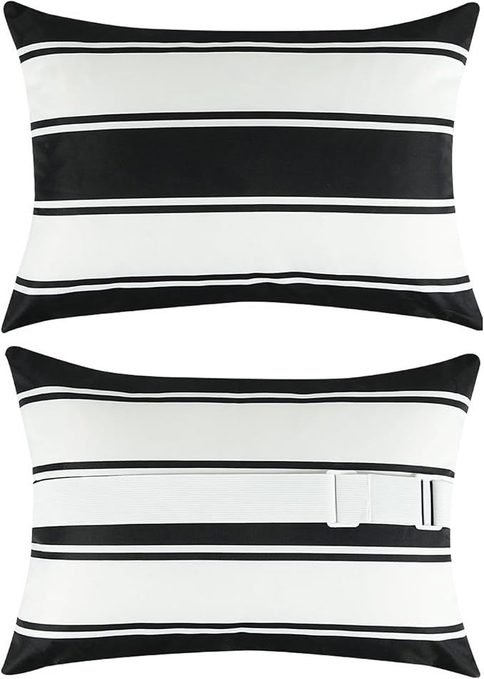Adabana Outdoor Waterproof Pillow for Chaise Lounge Chair 2 Pack Black and White Stripe Headrest Pillow Lumbar Adjustable Strap for Beach Poolside Patio Office Patio Garden
