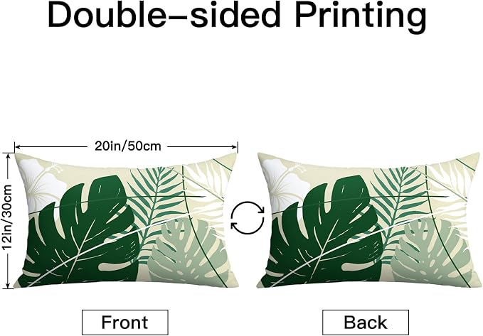 OTOSTAR Outdoor Waterproof Throw Pillow Covers 12x20 Inch Set of 2 Double-Sided Green Tropical Leaf and Flower Spring Summer Decorative Pillow Cases for Patio Funiture Garden Balcony Couch