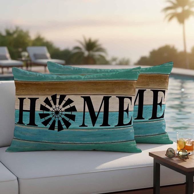 Outdoor Pillow Covers Set of 2, Home Farm Retro Wood Board Decorative Throw Pillow Covers 20X12IN, Teal Gradient Wooden Throw Pillows Protector Cushion Case for Patio,Couch,Sofa,Garden