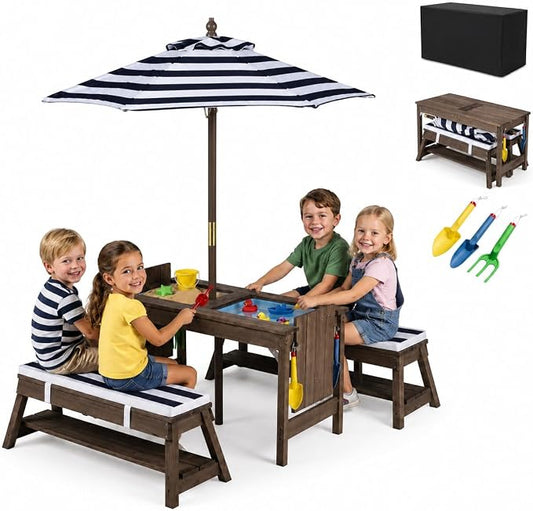 HONEY JOY Kids Picnic Table, 4 in 1 Fir Wood Toddler Sand & Water Table w/Removable Box & Umbrella, Waterproof Cover, Garden Tools, Children Outdoor Table and Bench Set with Cushions (Blue)