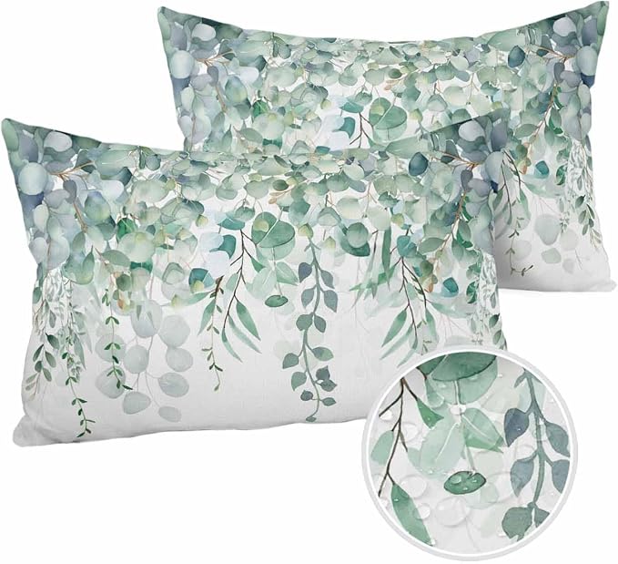 Eucalyptus Leaves Outdoor Pillow Covers Pack of 2, Watercolor Green Plants Waterproof Pillow Covers Seasonal Spring Summer Throw Pillowcase for Patio Funiture Garden Tent, 12 x 20 inch