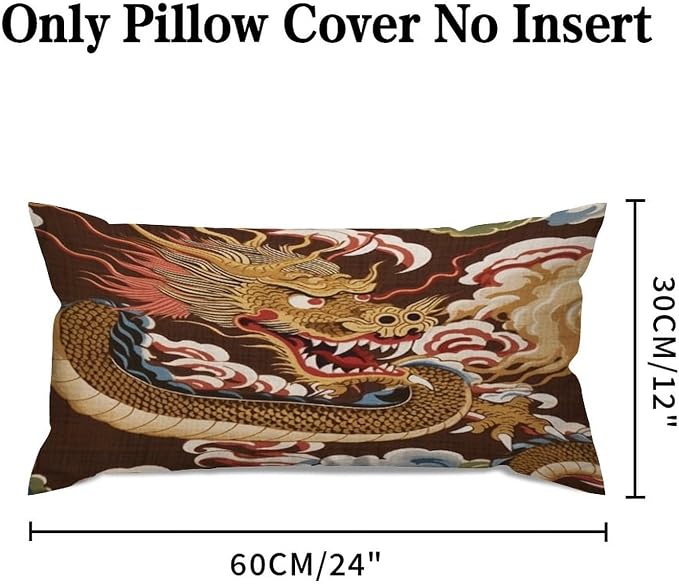 Set of 2 Chinese Oriental Style Asian Dragon Gold Pillow Covers 12x24in Farmhouse Canvas Cushion Covers Outdoor for Couch Chair Home Decor for Family Friends