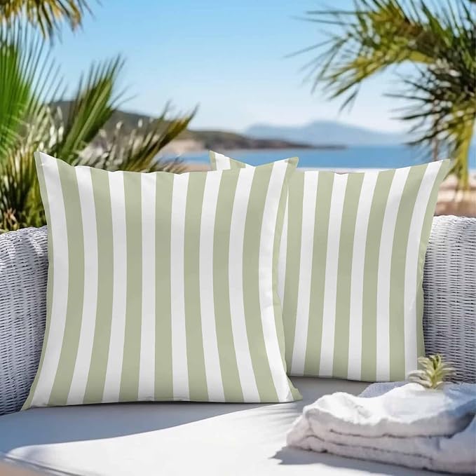 Sage Green Striped Outdoor Waterproof Throw Pillow Covers 26x26 Set of 2, Modern Farmhouse Sage Green White Stripes Decorative Pillowcases Cushion Pillowcase for Couch Sofa Patio Pillow Protector