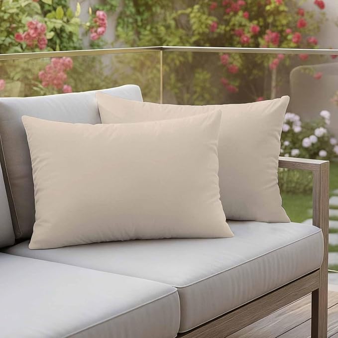 Lumbar Pillow Covers 12 x 20 Inches, Beige Pure Color Waterproof Throw Pillow Cover Set of 2, Aesthetics Contemporary Modern Decorative Rectangle Cushion Covers for Patio/Couch/Garden